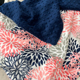 Coral and Navy Flowers Minky Blanket