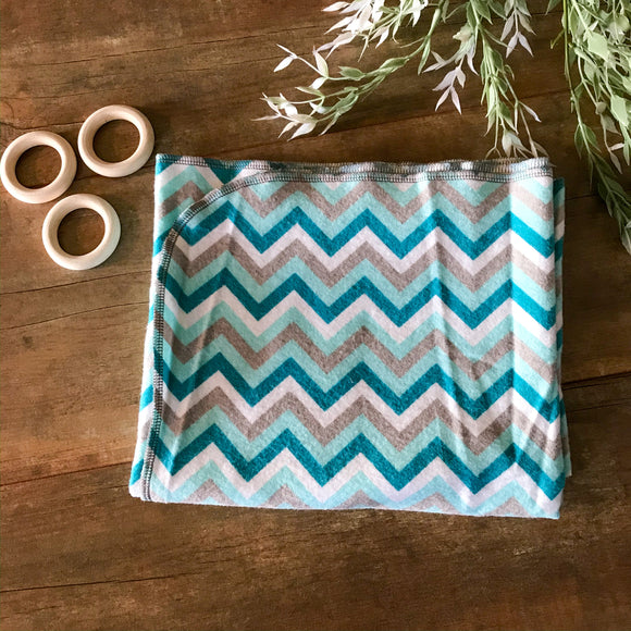 Light-weight Flannel Blanket - Teal, Aqua, Grey, and White Chevron